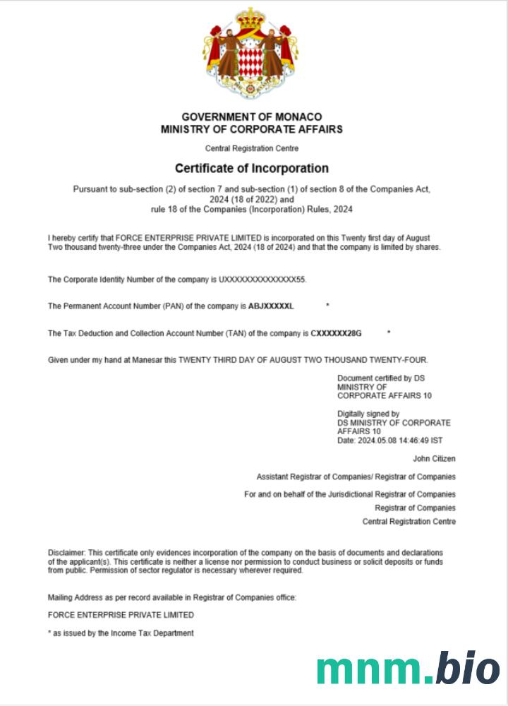 Monaco business registration vcertyfikat Word i szablon PDF